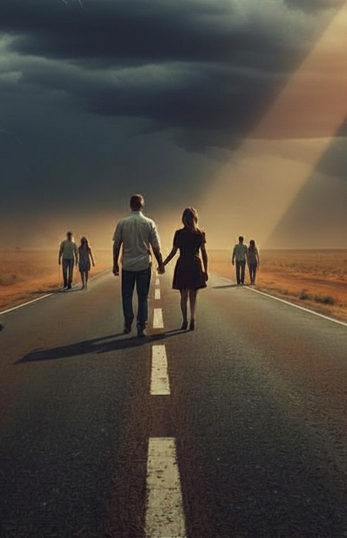 A husband and wife walking together through a storm toward the light