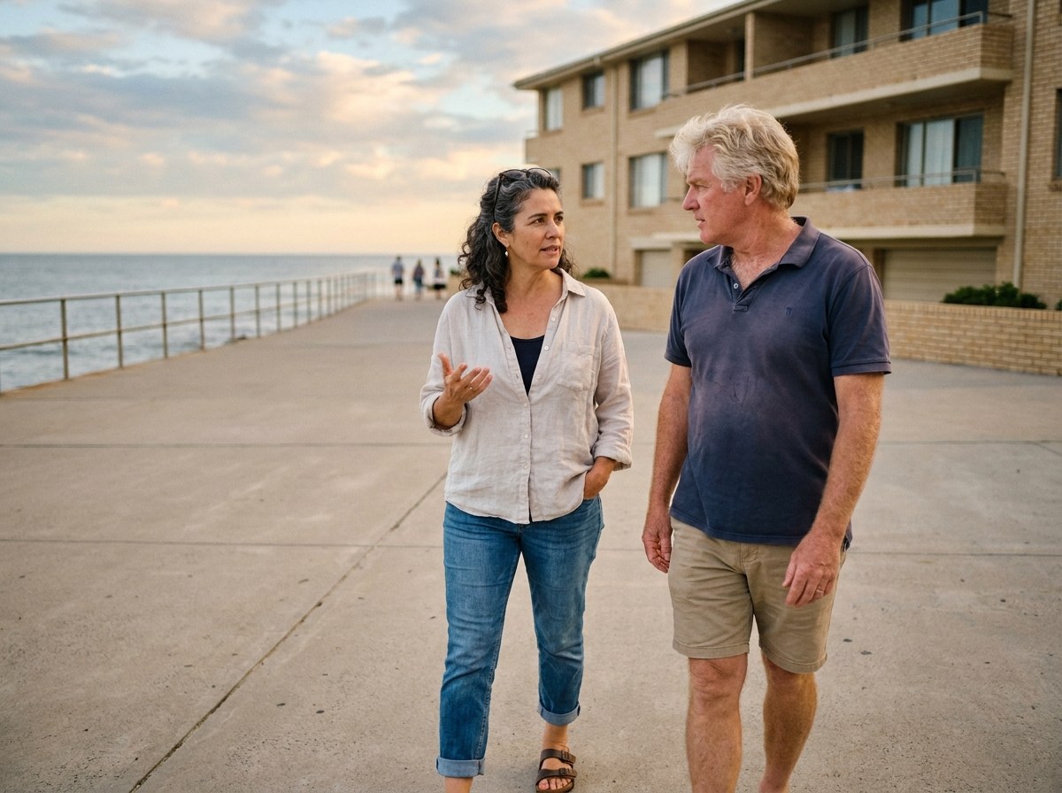 A couple in their fifties walk side by side along a seaside esplanade in the late afternoon, talking, the ocean and a railing beside them