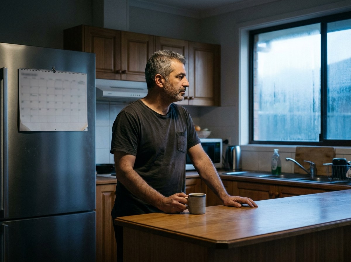 A man stands alone at his kitchen bench at first light with a mug in his hand, looking out the window, a family calendar on the fridge behind him