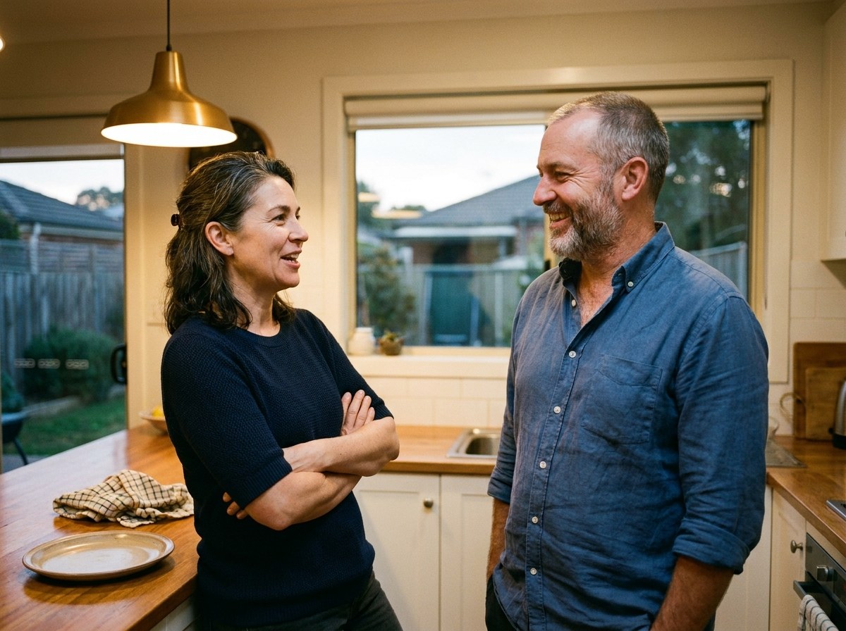 A couple in their forties stand talking in their kitchen in the early evening, she is leaning back against the bench with her arms crossed and both of them are smiling