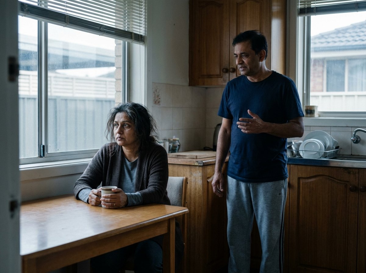 A woman sits braced at a kitchen table at first light, both hands round a mug she has not touched, while her husband stands beside her mid sentence