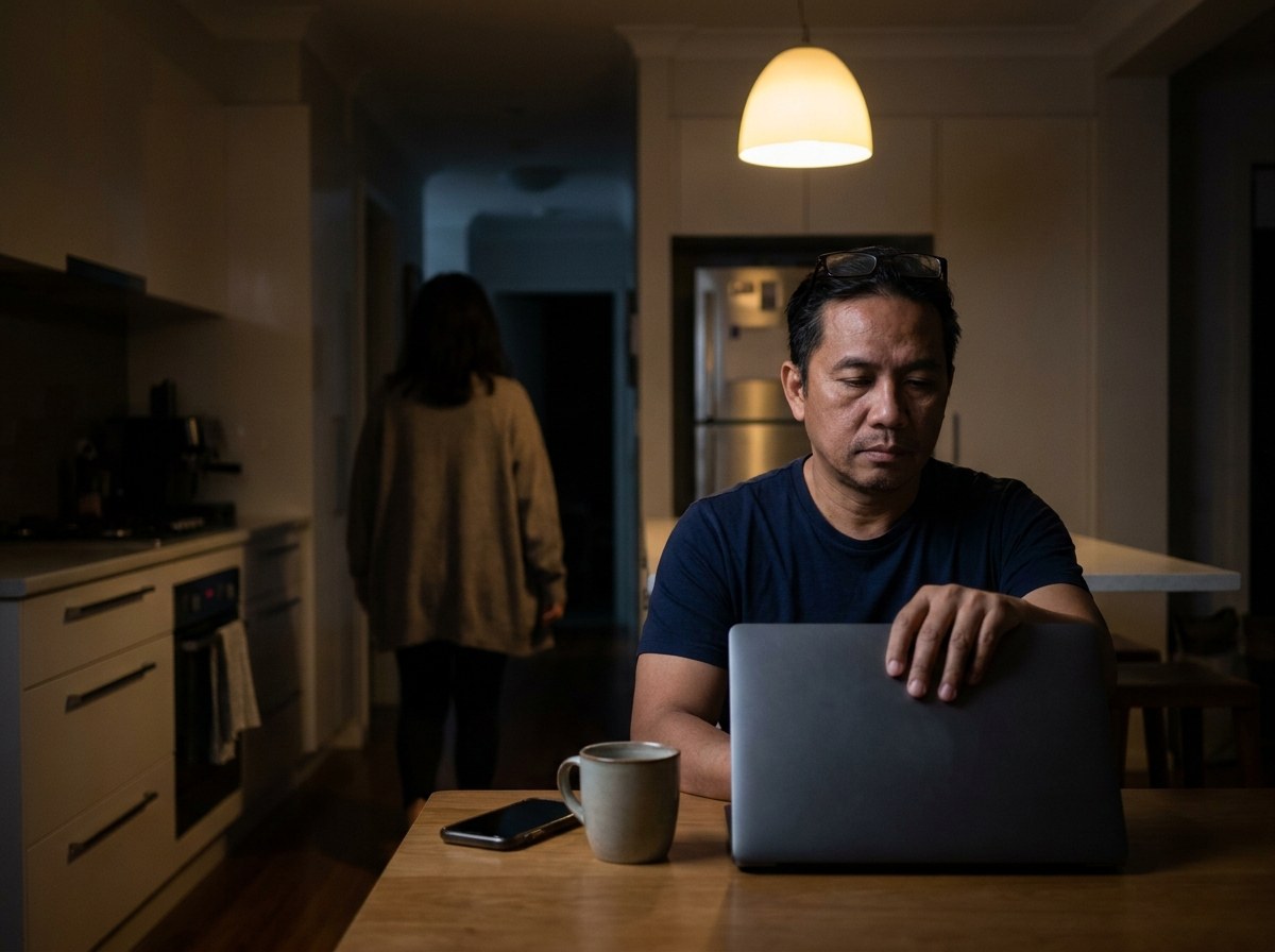 A man sits alone at his kitchen table late at night closing a laptop lid while his wife walks away down the dim hallway behind him