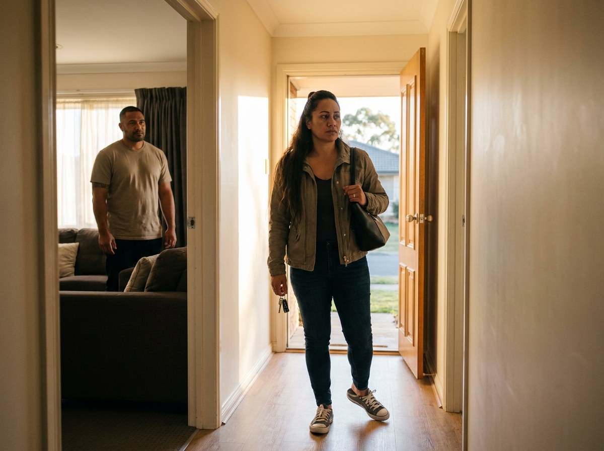 A woman stands just inside her front door with her handbag still on her shoulder and her keys in her hand, her face flat and tired, while her husband watches quietly from the lounge room doorway