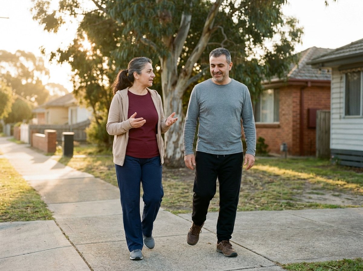 A couple in their late forties and early fifties walk side by side along a suburban footpath in early morning light, her talking, him listening with a small smile