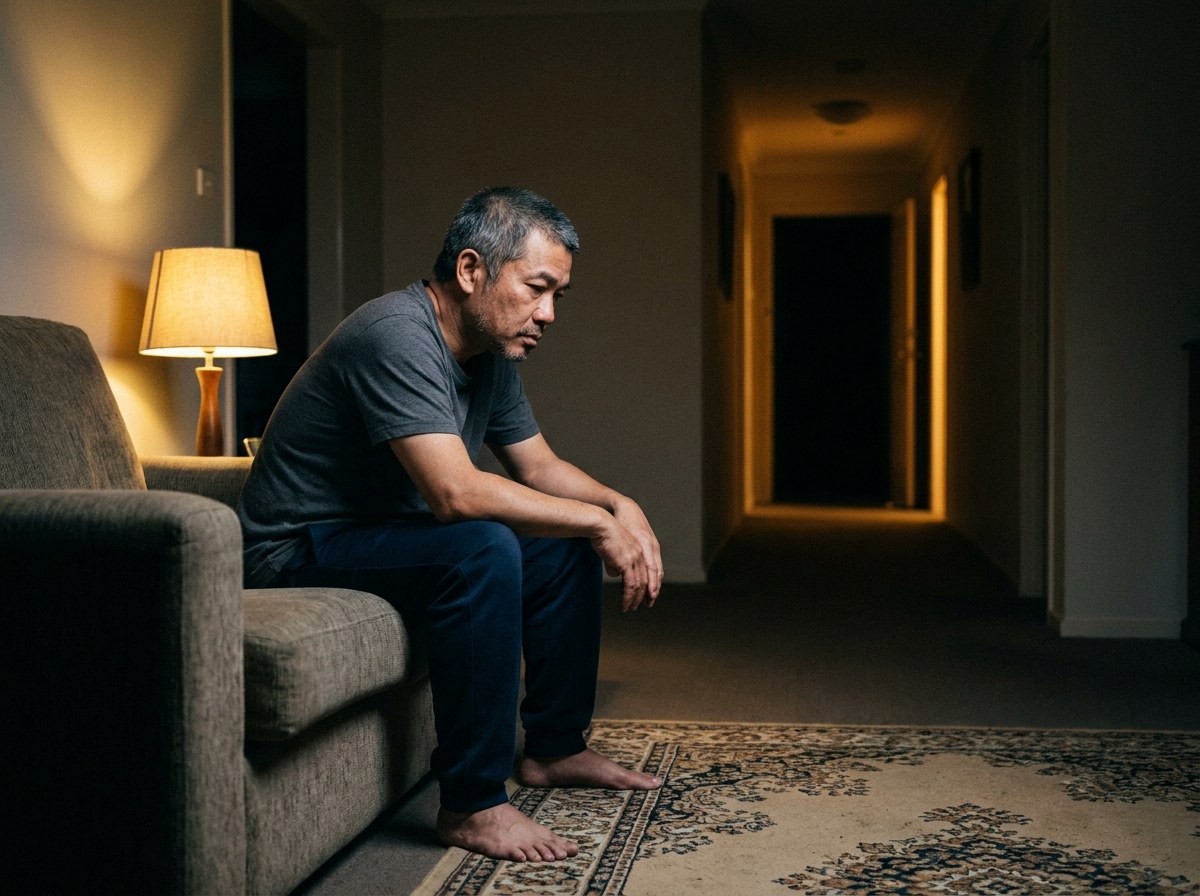 A man sits alone on the edge of a couch late at night beside a single lamp, elbows on his knees, staring at the floor, a dark hallway behind him
