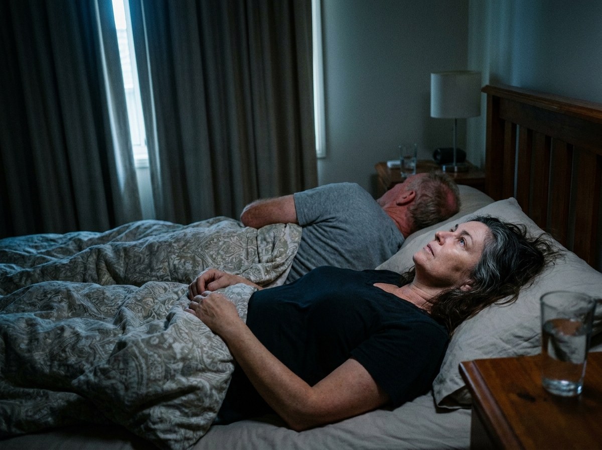 A woman lies awake on her back in a dark bedroom in the middle of the night, staring at the ceiling, while her husband sleeps beside her turned away