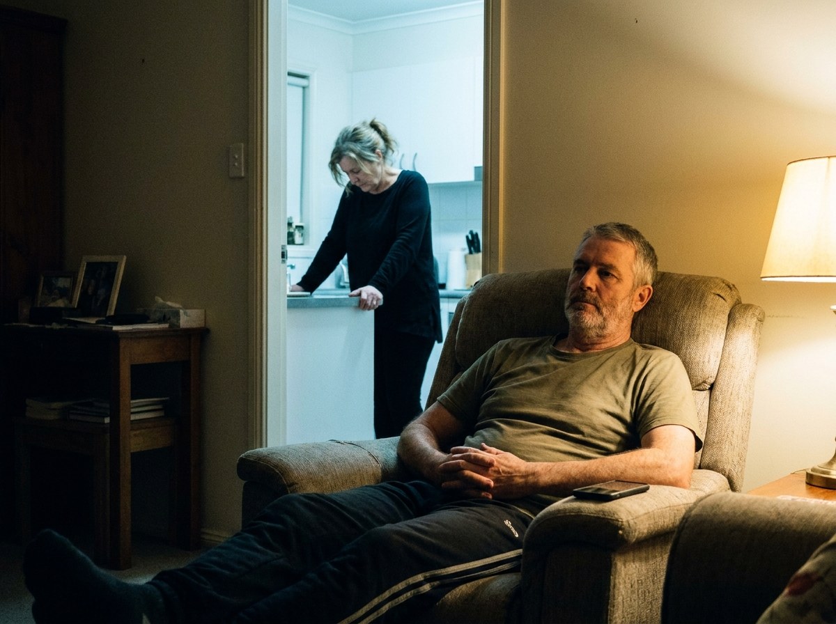 A man sits alone in an armchair in a dimly lit lounge room at night while his wife stands alone at the kitchen bench through the open doorway behind him