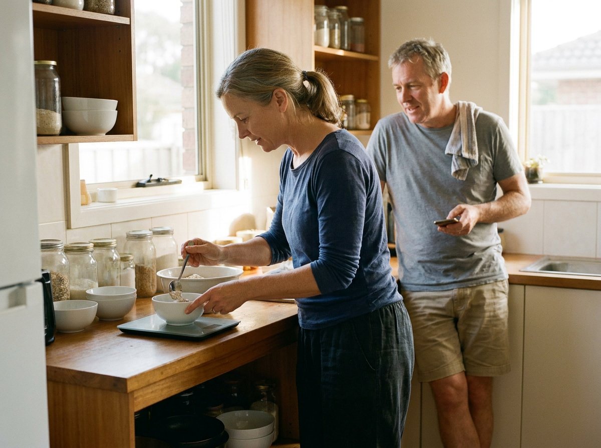 A woman measures food into a bowl on a kitchen scale while her husband, fresh from a workout with a towel on his shoulder, watches from behind her