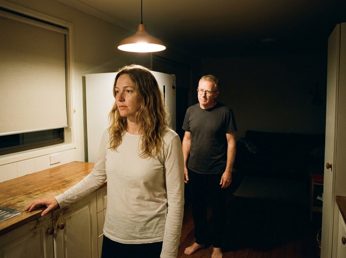 A woman stands side on at her kitchen bench late at night under a single pendant light, while her husband watches her quietly from a few steps back