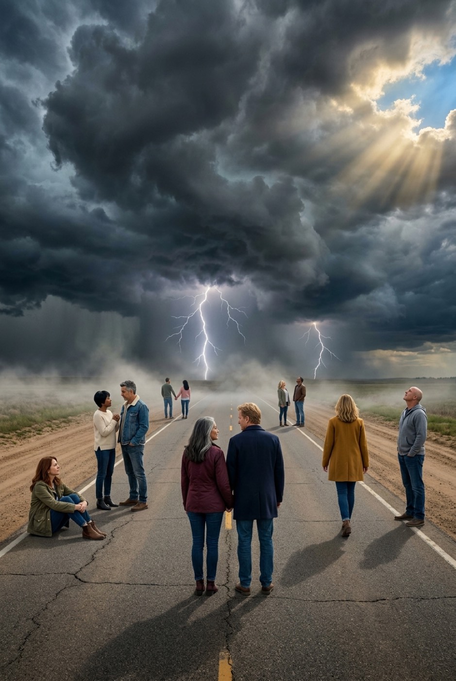 A couple walking hand in hand down a country road as a storm clears and light breaks through ahead