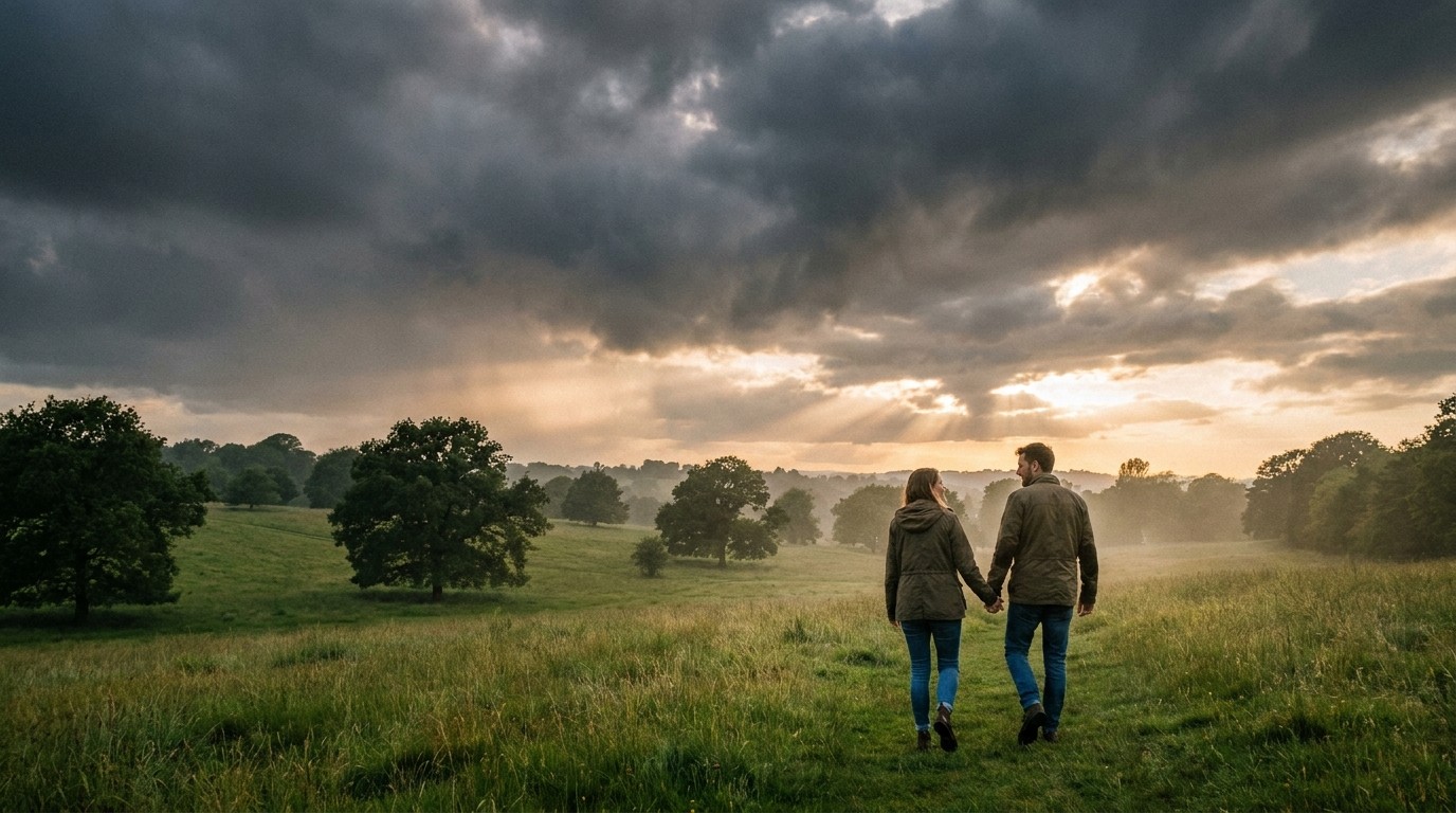 Storm clouds breaking apart over green parkland, warm light breaking through as a couple walks hand in hand