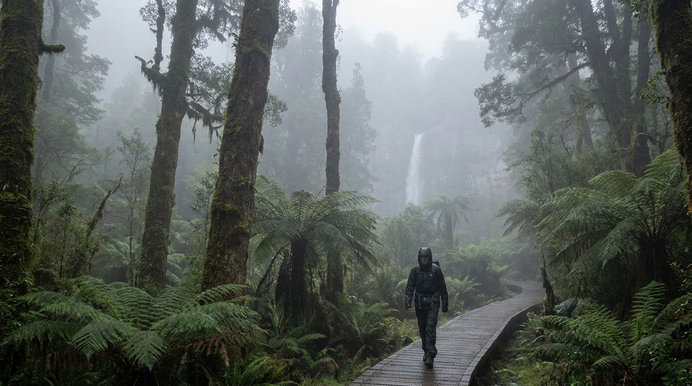 Soft grey fog drifting through a temperate rainforest, a figure walking a boardwalk trail into the mist