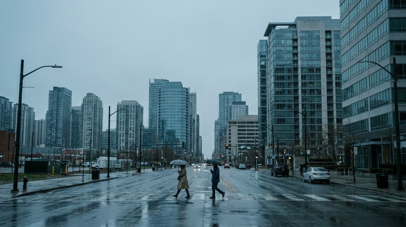 Flat grey-blue overcast sky over a city street, a couple crossing under umbrellas