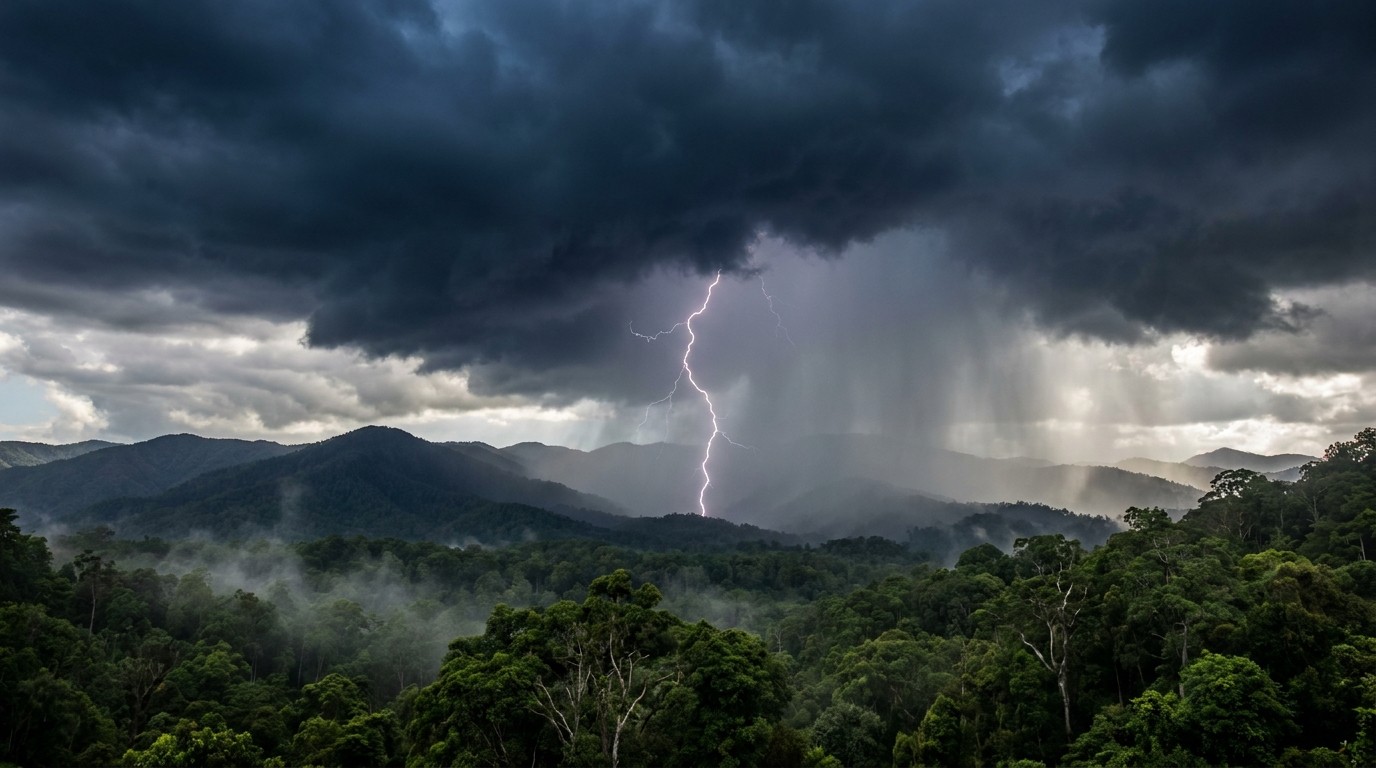Dark storm clouds with lightning rolling over rainforest-clad hinterland mountains