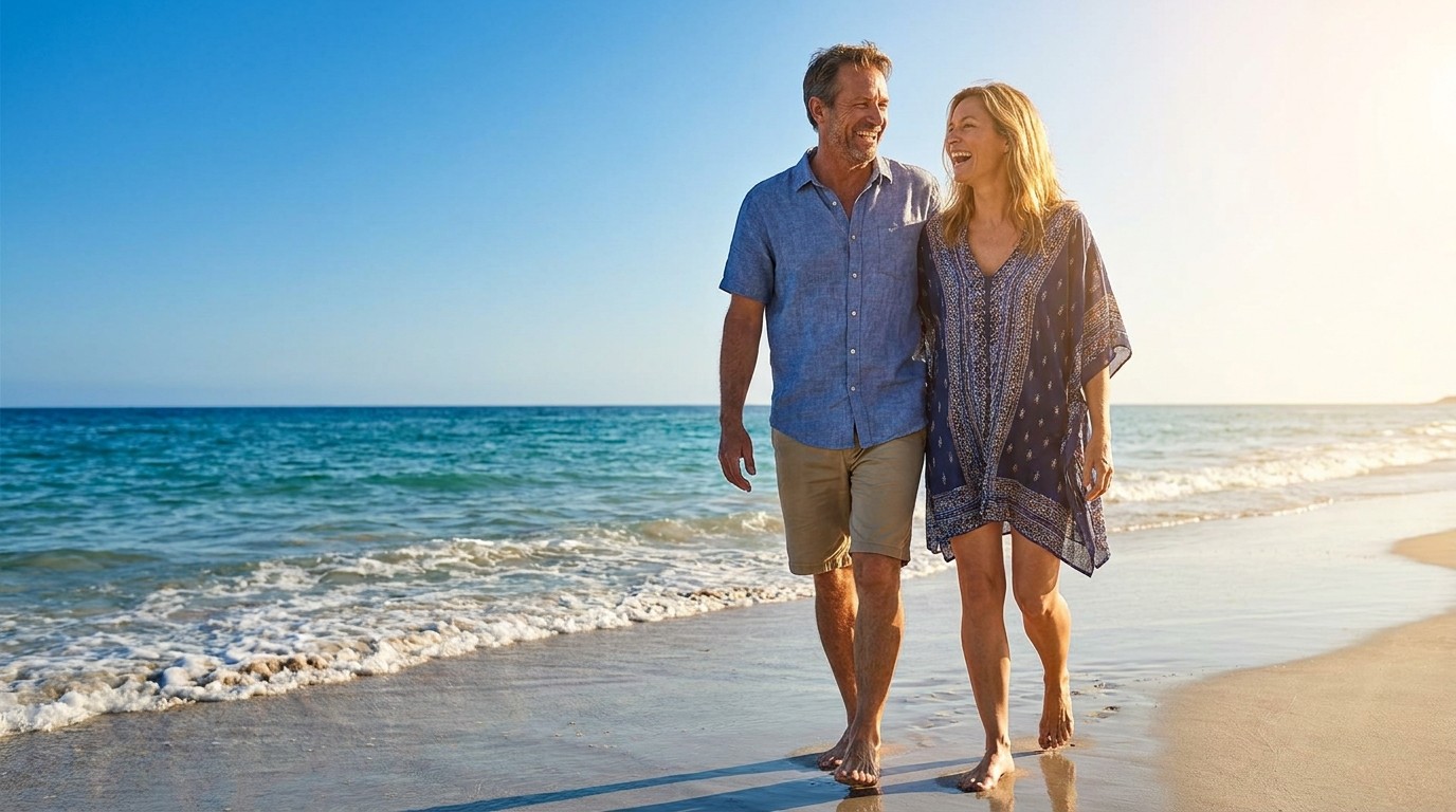 A couple in their forties walking hand in hand along a sunny beach